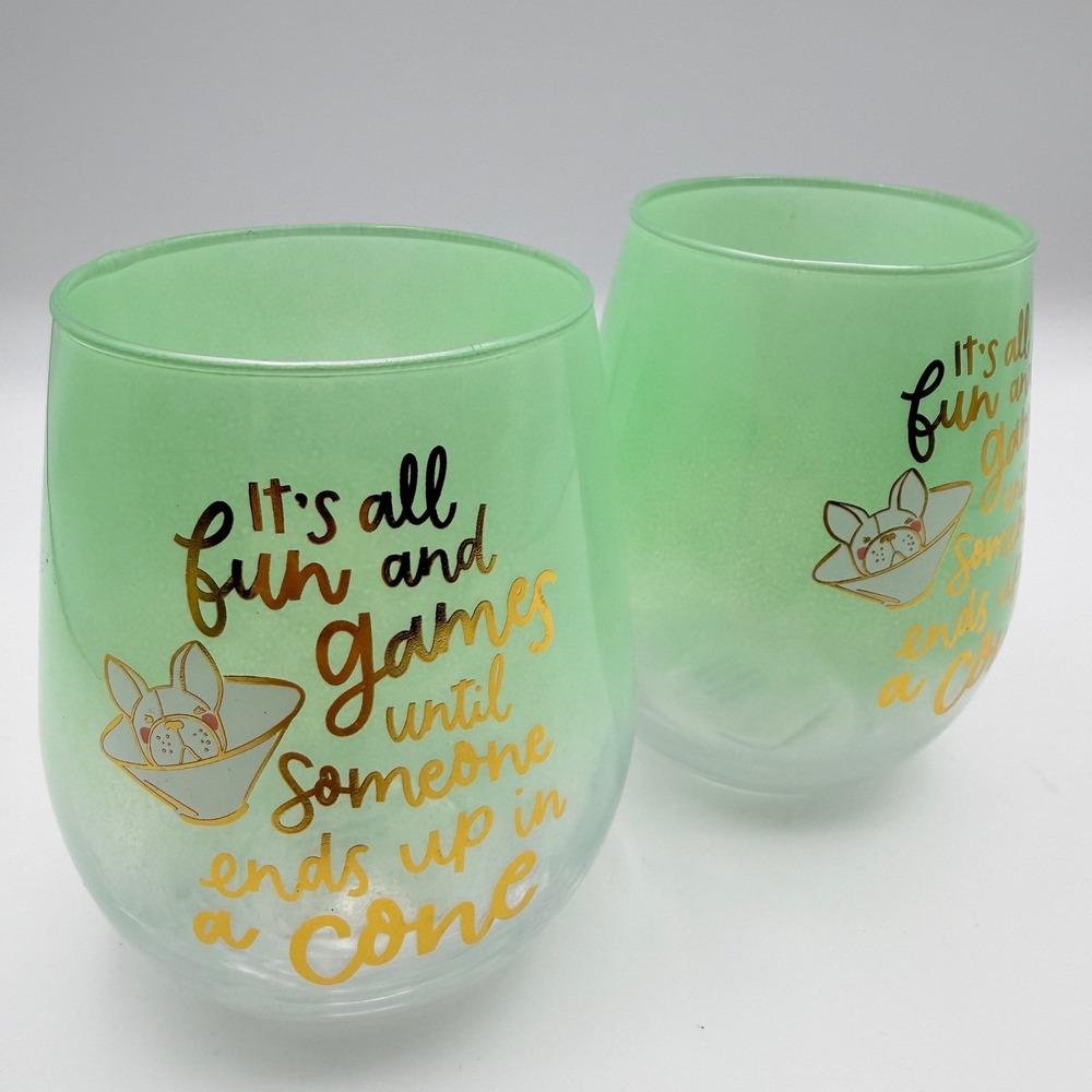 Charming Charlie French Bulldog Stemless Wine Glasses Set of 2 Seafoam Green New